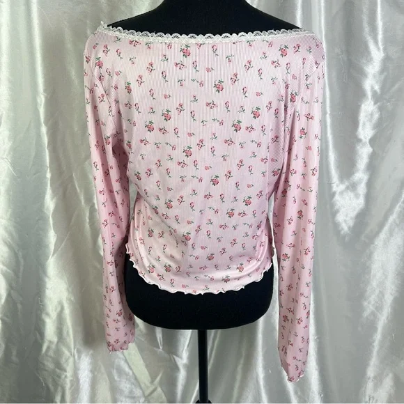 Floral Pink Long Sleeve Crop Top – Cottagecore Y2K Romantic Ruffle Blouse - Picture 4 of 6